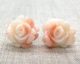 Orecchini a bottone in corallo di acque profonde, naturali, preziosi, con rose intagliate, unici nel loro genere, il tuo regalo speciale (E212)