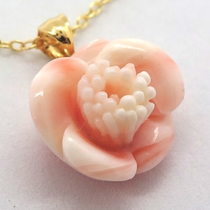 Camellia Flower Carvings Natural Genuine Precious Deep-Sea Pink Coral Pendant Necklace • One Of A Kind • Your Special Treat • (P432)