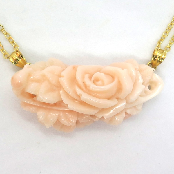 Rose Flower Carved Natural Genuine Precious Deep Sea Pink Coral Necklace • One Of A Kind • Your Special Treat• (N80)