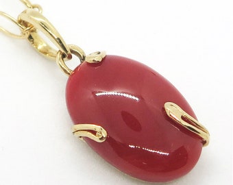 Oval Shaped Natural Genuine Precious Red Coral Pendant Necklace (P15)