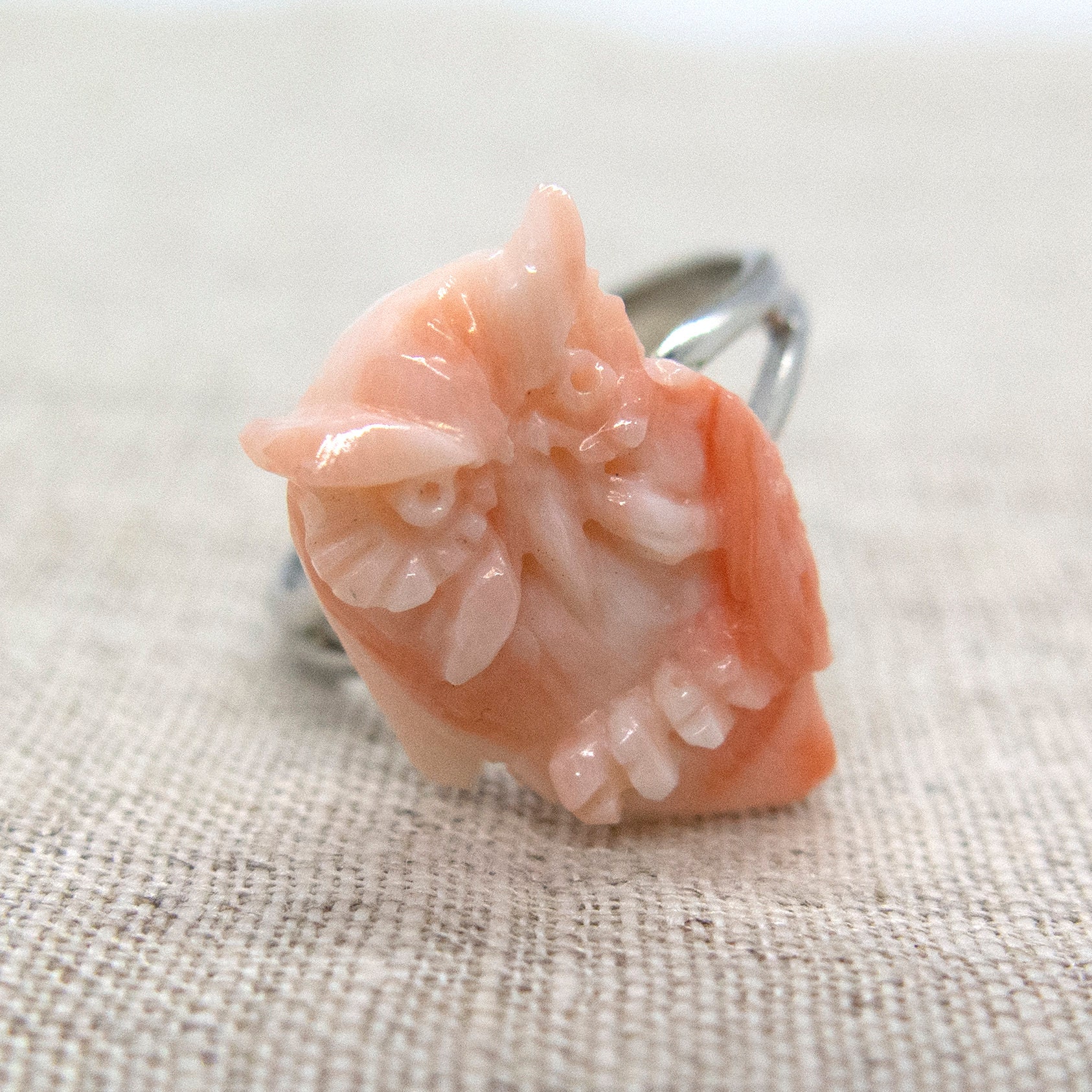 Owl Carved &bull; Natural Genuine Precious Deep-Sea Pink Coral Ring &bull; Adjustable Ring Size &bul