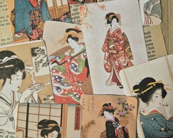 Könnte beinhalten: Eine Sammlung rechteckiger Karten mit japanischen Holzschnitt-Illustrationen von Frauen in traditionellen Kimonos. Die Karten zeigen verschiedene Szenen mit Figuren in farbenfrohen Gewändern, aufwendigen Frisuren und Blumenmustern, die über Textschichten angeordnet sind.