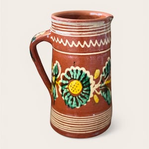 Vintage Redware Pitcher Ukrainian Earthenware Handmade Slipware Pottery Jug Hand painted Flower design Hutsul Kosiv Folk art pottery pitcher