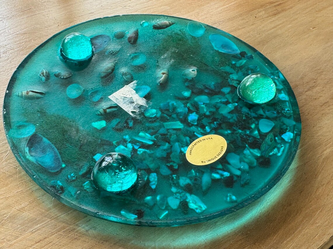 Turquoise Lucite Trivet With Abalone Sea Shells Seaweed Round Footed ...