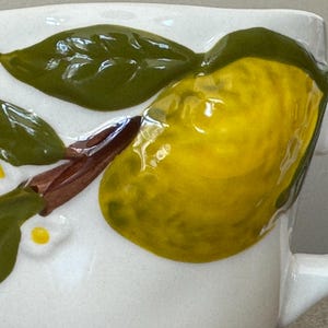 May include: White ceramic mug with a raised lemon and leaf design. The lemon is yellow with green accents, and the leaves are green. The mug has a white handle and a textured surface.