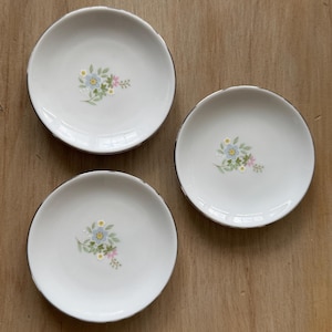 Three Vintage Butter pats Forever Spring Johann Haviland Porcelain butter pat Wildflowers Silver trim Made in Bavaria Germany 3 3/4”