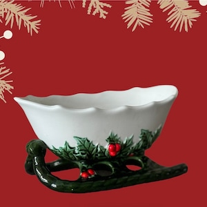 Vintage Lefton Christmas Sleigh Candy Dish #1408 Vintage Christmas decoration Vintage Ceramic Lefton sleigh Holly design 8”