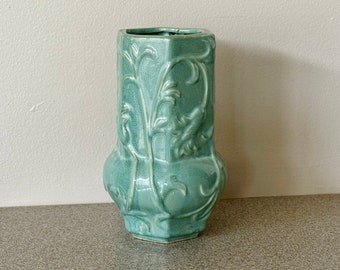 Green Celadon Asian Vase Floral Embossed Vintage Ceramic Vase Embossed flowers Jade green glaze Pottery vase Spring flowers 8”