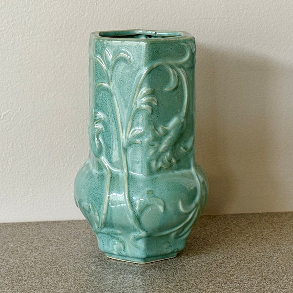 Green Celadon Asian Vase Floral Embossed Vintage Ceramic Vase Embossed flowers Jade green glaze Pottery vase Spring flowers 8”