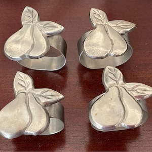 4 Silver Pear Napkin Rings Silver pewter Pear shaped Cloth Napkin Rings Pewter pear Napkin Rings Entertaining tableware Dining Table decor
