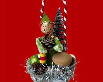 Pine Cone Elf assemblage Vintage Christmas 1950s Christmas Elf vignette Christmas Pixie Mixed Media Bottle brush tree MCM Christmas decor