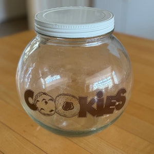 Vintage Glass Cookie Jar 1970s Ball Shaped Cookies Jar Vintage Cookie Decal Jar Collectible Cookie Jar Screw top Treat Jar Storage jar