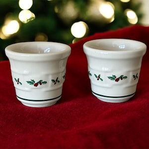 2 Longaberger Votive Candle Holders Longaberger Pottery Traditional Holly Woven Traditions Christmas ceramic Tea Candle holders 2 1/2”