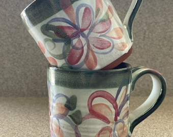 2 Art Pottery mugs Handmade Floral Coffee cups Hand thrown studio pottery Signed by artist Pink Flower Tea mugs Cottagecore