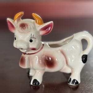 Vintage Cow Creamer Mid century Cow figurine Brown and white cow with Bell and Horns 1950s Made in Japan Ceramic Cow planter