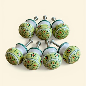 May include: A set of nine ceramic cabinet knobs. Each knob is round, with a light green base color and a floral design in red and green. The knobs have a white base and a silver screw.