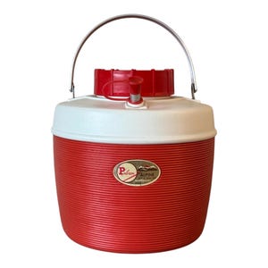 Vintage Poloron Alpine Water Jug Drink dispenser Vacucel Hot and Cold Jug Red and white Water cooler Picnic Camping Aluminum handle 1 Gallon