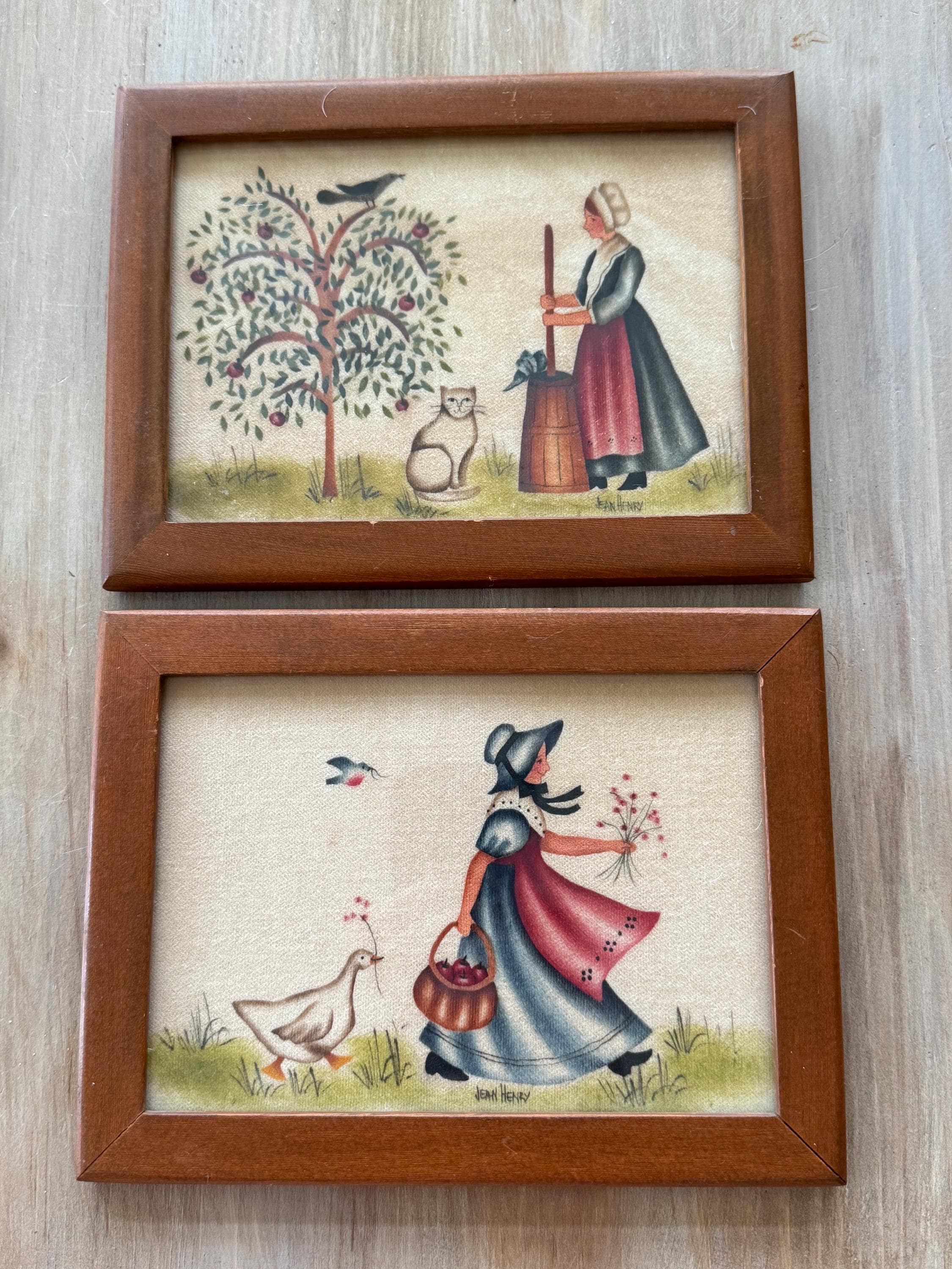 美品★THE NEWHOUSE TNH HENRY JEAN white S Two Hand Painted Theorems Jean Henry Original Art Vintage Folk Art