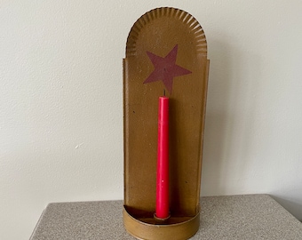 Primitive Tin candle sconce Handmade Tin sconce Prim Metal Wall hanging Country Sconce Candle Holder Crimped Top Red star