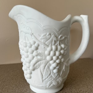 Imperial Milk Glass Pitcher Grapevine Design Branch Handle Vintage Imperial Glass Satin Milk Glass Pitcher Vintage Pressed glass Pitcher