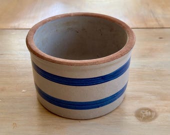 Vintage Crock Blue Stripes Salt Glaze Pottery Stoneware crock Primitive Country Farmhouse crock