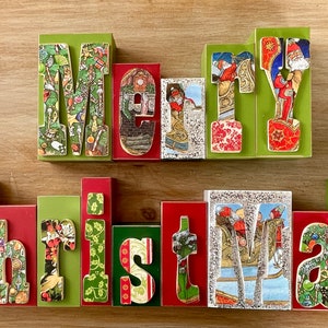Merry Christmas letter blocks Decoupaged Christmas blocks Vintage book decoupage Night Before Christmas blocks Vintage Christmas decor