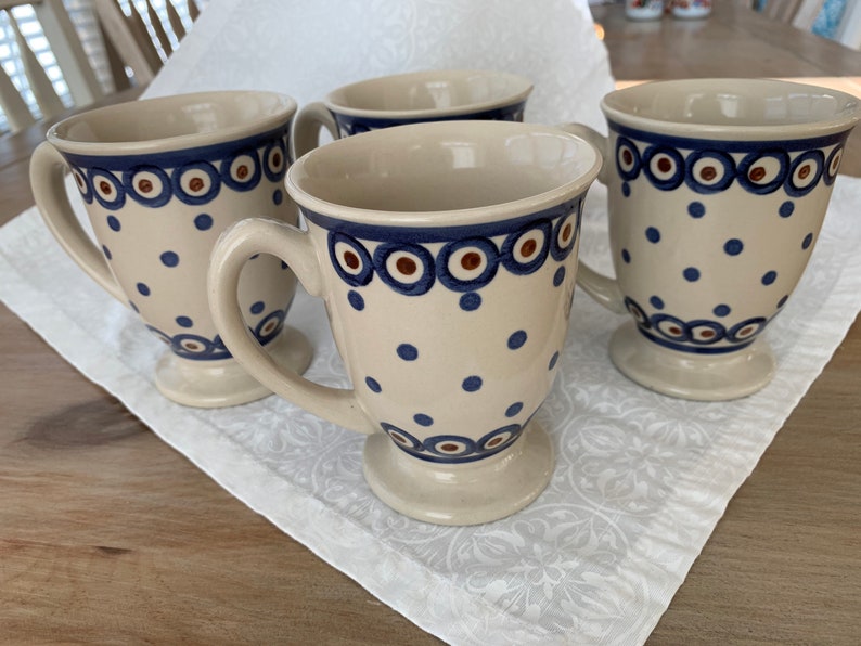 4 Polish pottery footed mugs Vintage ceramic pedestal coffee Etsy