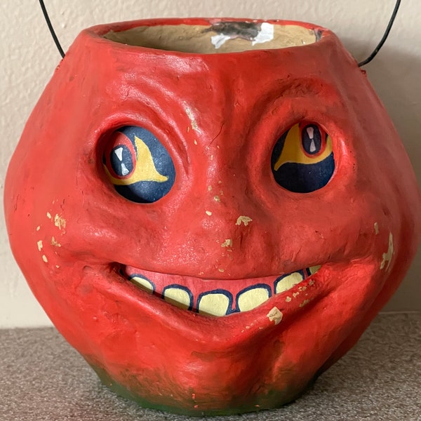 Vintage Halloween Paper Mache Jack O' Lantern Vintage Orange Pumpkin bucket Candy Container 1940s/1950s