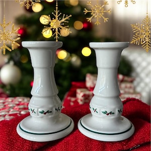 2 Longaberger Candle Holders Longaberger Pottery Traditional Holly Woven Traditions Christmas Candle holders Taper Candlestick holders 5”