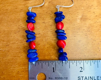 Lapis Lazuli with red faux coral earrings. 925 sterling silver ear hooks.