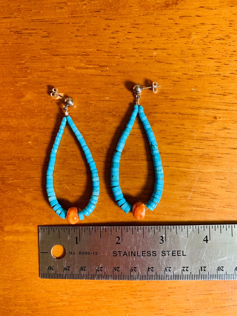 1.5\u201dW x 3\u201d L. genuine turquoise gemstone Long hoop graduated heishi and natural spiny oyster shell earrings