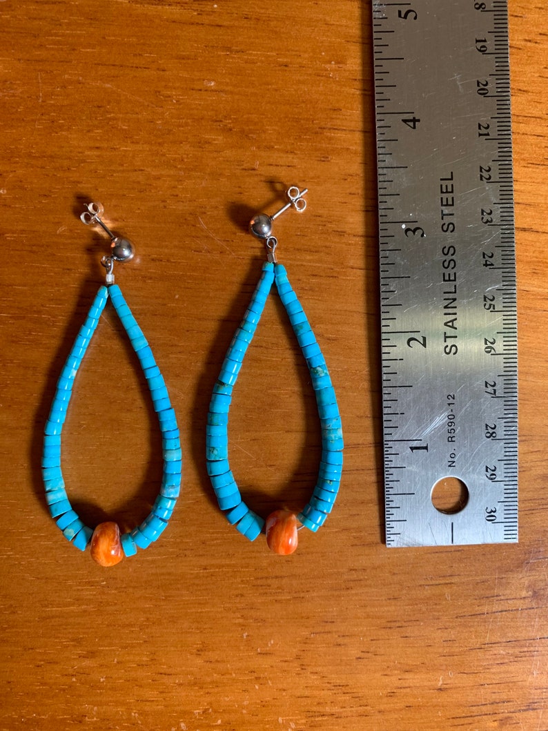 1.5\u201dW x 3\u201d L. genuine turquoise gemstone Long hoop graduated heishi and natural spiny oyster shell earrings