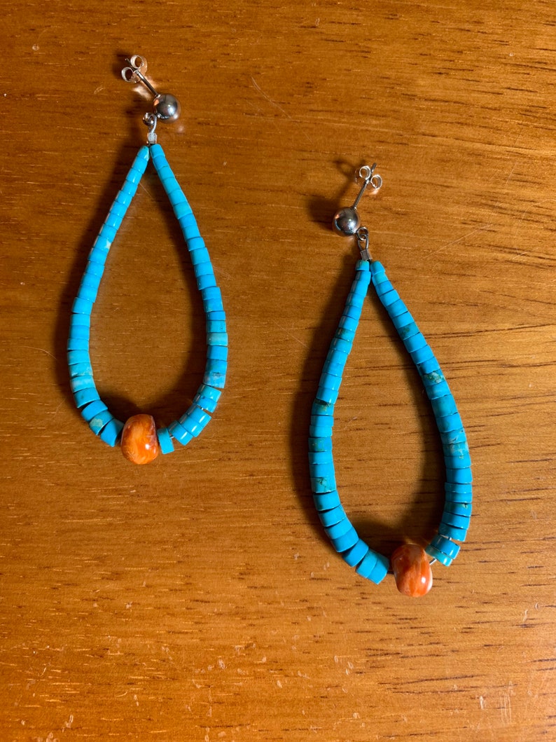 1.5\u201dW x 3\u201d L. genuine turquoise gemstone Long hoop graduated heishi and natural spiny oyster shell earrings