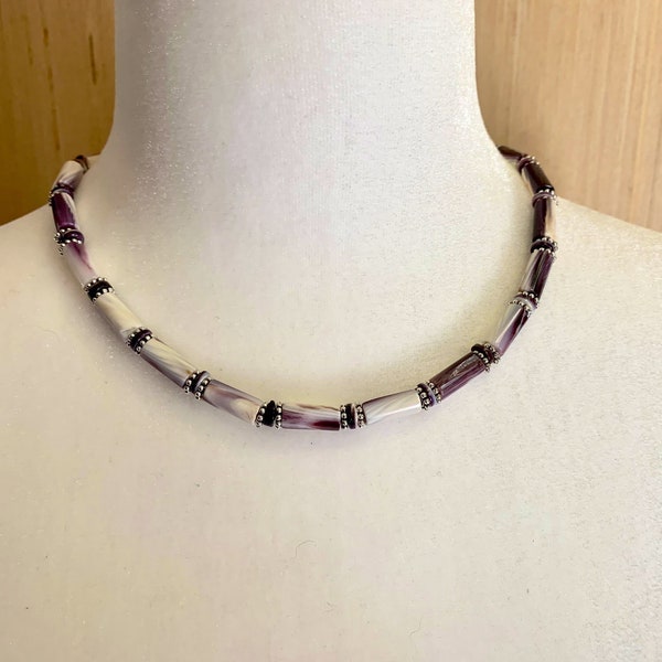 Wampum or quaghog shell unisex choker necklace. 925 sterling silver closure. 17” long