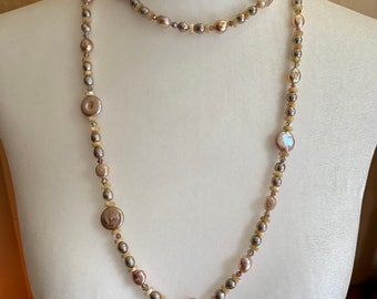 Freshwater pearl and Austrian crystal necklace with matching earrings set.