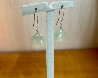 Faceted light green chalcedony earrings with long, elegant 925 sterling silver hooks.