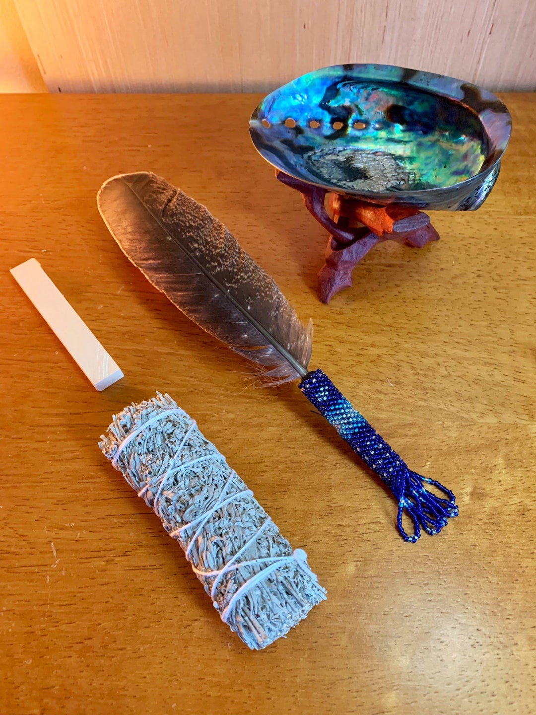 Peyote Beaded Smudge Feather With Abalone Shell, Cedar and Sage Smudge