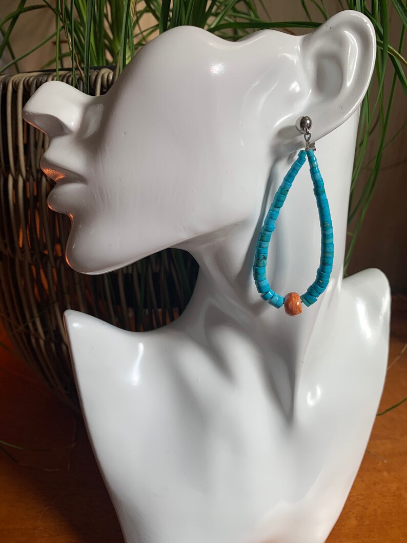 1.5\u201dW x 3\u201d L. genuine turquoise gemstone Long hoop graduated heishi and natural spiny oyster shell earrings