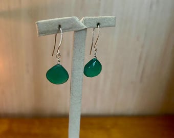 Faceted emerald green chalcedony earrings with long, elegant 925 sterling silver hooks.