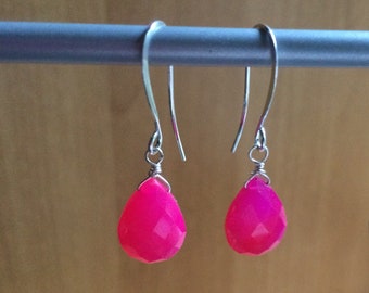 Dainty, Hot pink chalcedony earrings. 925 sterling silver hooks.