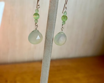 Faceted green chalcedony earrings with long, elegant 925 sterling silver hooks.