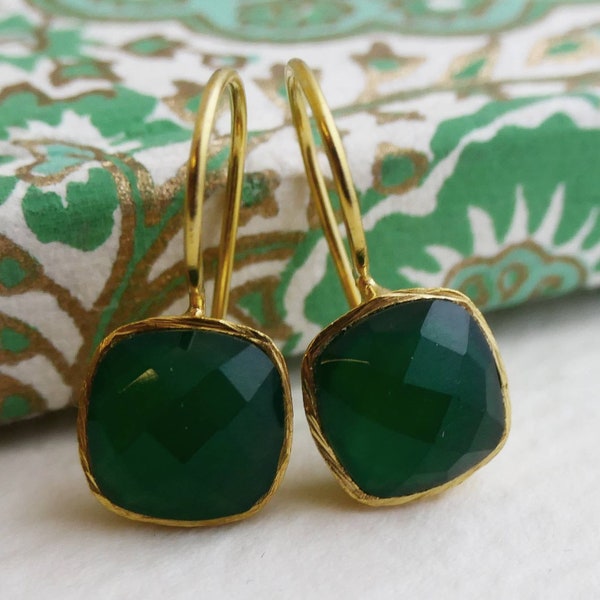 Green Onyx Cushion Cut Vermeil Gold Drop Earrings - Green Onyx Jewellery - Gold Earrings - Gifts for Her - Bridal Jewellery