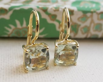 Green Amethyst Vermeil  Leverback Earrings - Green Amethyst Jewellery - Gold Earrings - Gifts for Her - Bridal Jewellery -Luxe jewels