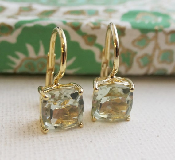 Orecchini In Argento 925 Placcato Oro Con Ametista Verde E Zirconi - Gemma Naturale Taglio Cuscino - Fatto A Mano