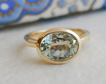 Green Amethyst Oval Cut Gold Plated Sterling Silver Ring - Natural Gem Gemstone Jewellery - Birthstone Birthday Gift Idea - Gifts for Women