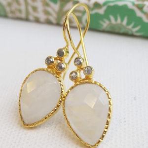 Moonstone and Diamond Vermeil Gold Drop Earrings - Moonstone Jewellery - Gold Earrings - Gifts for Her - Bridal Jewellery -Luxe jewels