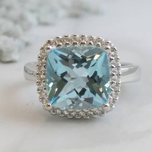 Blue Topaz and Zircon Sterling Silver Ring - Natural Gem Gemstone Jewellery - Handmade Gift Ideas for Women - Birthstone Birthday Jewelry