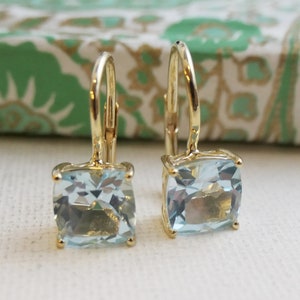 Blue Topaz Gold Plated Sterling Silver Leverback Earrings - Natural Gem Gemstone Jewellery - Gifts for Women - Birthstone Jewellery