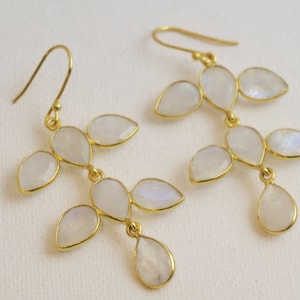 Moonstone Chandelier Gold Plated Sterling Silver Drop Earrings - Natural Gem Gemstone Jewellery - Handmade Gifts for Women