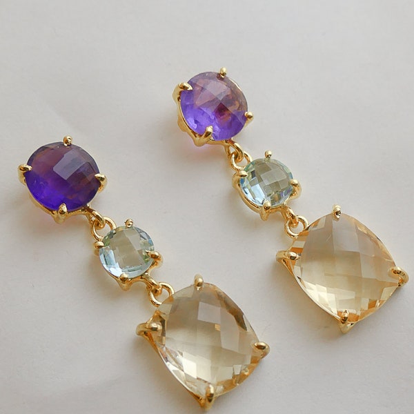 Amethyst, Blue Topaz and Citrine Gold Plated Sterling Silver Drop Post Earrings - Handmade Gemstone Gift Ideas for Women